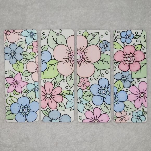 Floral pink blue Cardstock hand drawn bookmarks - Picture 1 of 2